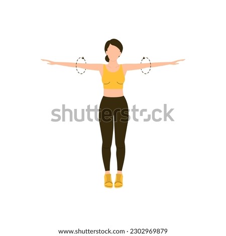 Woman demonstrates how to do shoulder and arm rotation. Female exercise with arm circle posture for warm up. Vector flat illustration isolated on white background. 