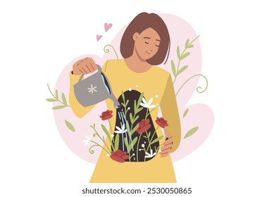 Woman demonstrates importance of self-love and care by watering flowers in own soul. Concept of self-love helps balance emotions and achieve psychological health or avoid long-term depression