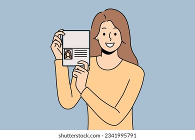 Woman demonstrates passport, rejoicing at receiving first id document or new citizenship after relocation. Dvushka kopeck piece with passport trying to get access to security room in office