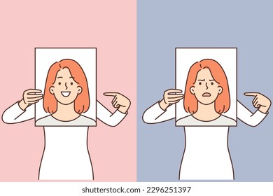 Woman demonstrates poster with positive and negative emotions to compare mood before and after using antidepressants. Girl calls attention to mental health and take care of improving mood