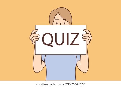 Woman demonstrates poster with quiz inscription and offers to play logic game to have good time. Shy girl invites you to quiz competition with interesting questions and relaxed atmosphere