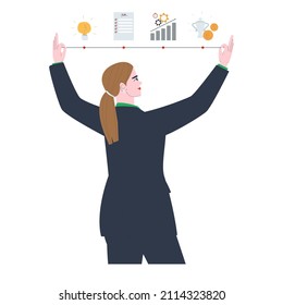 La mujer demuestra el proceso. Idea, plan, trabajo, éxito. Concepto de idea de negocio. Mujer de negocios. Ilustración vectorial plana.