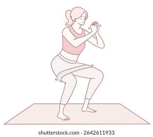 A woman demonstrates proper squat technique using a resistance band in her strength training routine