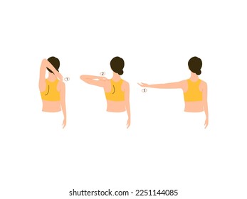 A woman demonstrates touching the opposite shoulder with the hand. Back muscle exercises. Vector flat illustration. Female exercise isolated on white background. Athletic girl doing exercises