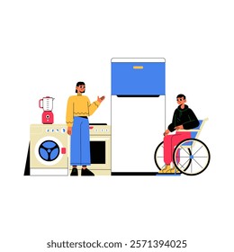 Woman Demonstrating Kitchen Appliances To Man In Wheelchair In Flat Vector Illustration Symbolizing Inclusivity, Accessibility, And Modern Kitchens, Isolated On White Background.