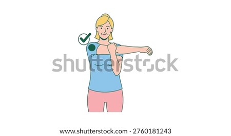 A woman demonstrating proper shoulder roll technique isolated on white background, Vector, illustration