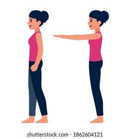 Woman demonstrating Romberg's test, exam of neurological balance function. Side view person illustration, vector clip art.