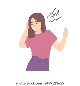 Woman denies by saying "NO" with denial or stop gesture. Concept of expression, negative emotion, refusing hand sign, body language, rejection, unacceptable action. Flat vector illustration.