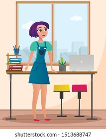 Woman in Denim Sundress and Green T-Shirt in Office. Design Studio. Office Interior. Creative Designer on Background Window. Designer in Office. Graphic Developers. Vector Illustration.