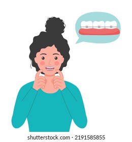 Woman with dental braces in flat design on white background. Orthodontic teeth concept vector illustration.