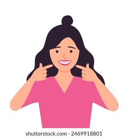 Mujer con tirantes dentales en diseño plano sobre fondo blanco. Ilustración vectorial de concepto de dientes de ortodoncia.