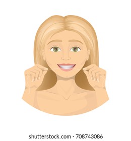 Woman with dental floss on white background.