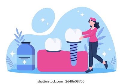 Woman with dental implant. Young girl gets veneers installed in gums. Healthcare and medicine. Dentistry and stomatology. Oral cavity and treatment. Flat vector illustration