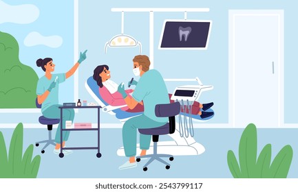 Mulher na consulta ao dentista. Paciente no consultório médico. Próteses dentárias. Cria tratamento. Ferramentas estomatológicas. Clínica ortodôntica. Foto de raios X de dentes. Garish