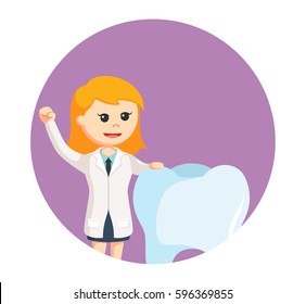 woman dentist with big tooth in circle background