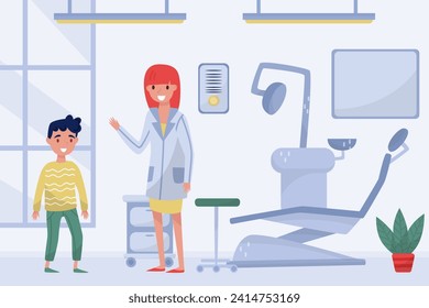 Woman Dentist with Boy Patient Have Hospital Appointment Vector Illustration