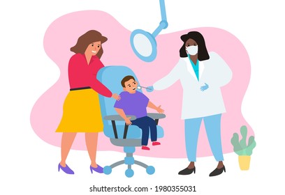 Woman Dentist Checking Teeth Boy With Mother Kid Dentistry Vector Illustration