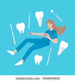 ํYoung woman dentist floating in the air with dental clinic. Healthcare and medical concept. Hand draw style. Vector illustration.