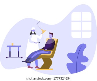 Woman dentist holds tools and examines patient man's teeth while looking inside mouth. The patient lay down in the dental chair. Checking teeth and dentistry. Flat vector dentist illustration