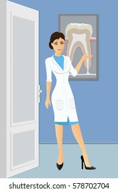 Woman dentist in office welcomes appointment