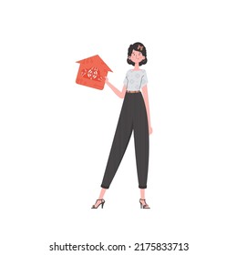 The woman is depicted in full growth, holding an icon of a house in her hands. IoT concept. Vector illustration in flat style.