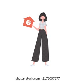 The woman is depicted in full growth, holding an icon of a house in her hands. Internet of things and automation concept. Vector illustration in trendy flat style.