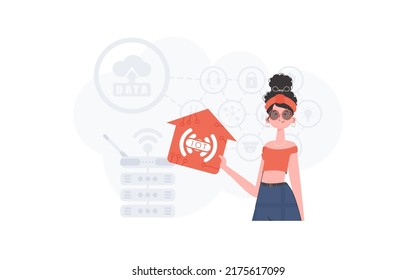 The woman is depicted waist-deep, holding an icon of a house in her hands. IoT concept. Good for presentations and websites. Vector illustration in trendy flat style.