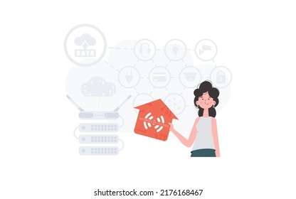 The woman is depicted waist-deep, holding an icon of a house in her hands. Internet of things concept. Good for presentations and websites. Vector illustration in trendy flat style.