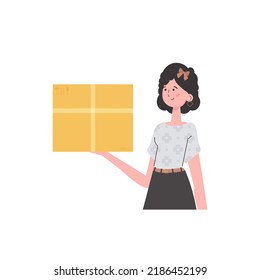 The woman is depicted waist-deep and holding a parcel in her hands. Delivery concept. Isolated on white background. Vector illustration.