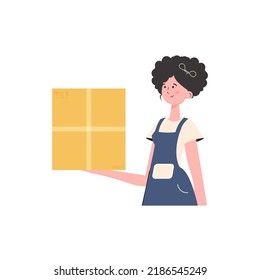 The woman is depicted waist-deep and holding a parcel in her hands. Delivery concept. Isolated. Vector illustration.