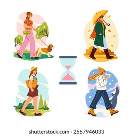 Woman depicted walking in four different seasons spring, summer, autumn, and winter each with distinct clothing and backgrounds. Seasonal transition concept. Vector illustration