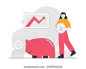 Woman deposits in piggy bank, starts saving money for future economy. Character design. Vector flat illustration