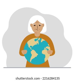 A woman deposits the planet Earth in his hand. Earth day holiday concept, saving the planet, global warming or climate change. Vector flat illustration.
