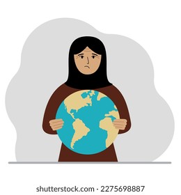 A woman deposits the planet Earth in his hand. Earth day holiday concept, saving the planet, global warming or climate change. Vector flat illustration.