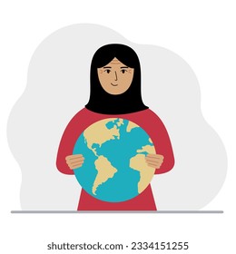 A woman deposits the planet Earth in his hand. Earth day holiday concept, saving the planet, global warming or climate change. Vector flat illustration.
