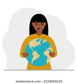 A woman deposits the planet Earth in his hand. Earth day holiday concept, saving the planet, global warming or climate change. Vector flat illustration.