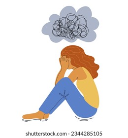 A woman is depressed with confused thoughts in her head. Concept of mental disorder, sorrow and depression. Mental health. Vector illustration.