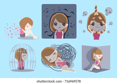 woman with depressed problem on the blue background