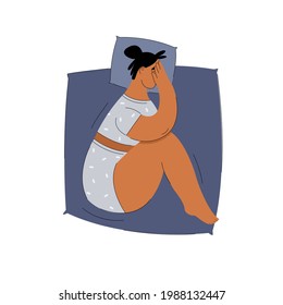 Woman in depression in bed. Person with insomnia. Emotional burnout woman. Mental disorder or illness. Vector illustration