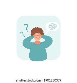 Woman in depression with bewildered thoughts in her mind. Young sad girl hold up her head with any question