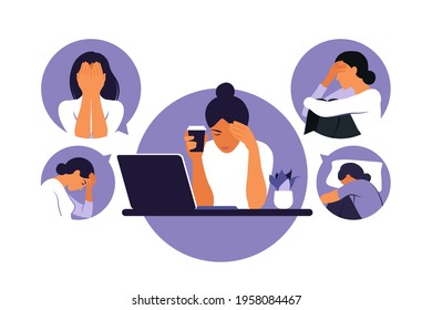 Woman in depression with bewildered thoughts in her mind. Young sad girl sitting at laptop. Vector illustration. Flat style