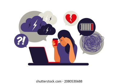 Woman in depression with bewildered thoughts in her mind. Young sad girl sitting at laptop. Vector illustration. Flat.