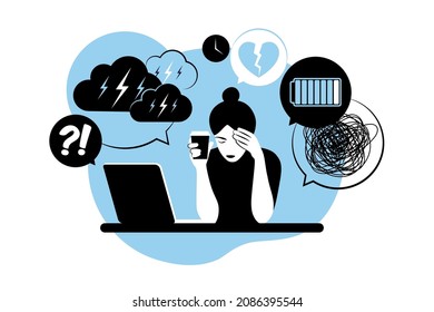 Woman in depression with bewildered thoughts in her mind. Young sad girl sitting at laptop. Vector illustration. Flat.