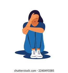 Woman in depression with bewildered thoughts in her mind. Young woman confused. Anxiety disorder. Vector illustration.