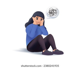 Woman in depression with bewildered thoughts in her mind 3D illustration. Young sad girl sitting and unhappy hugging her knees 3D vector