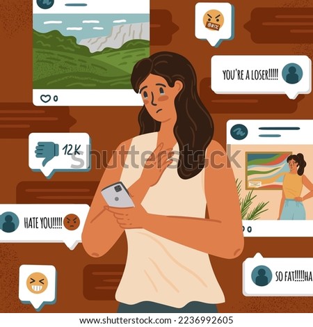 Woman in depression and crying after reading comments and hate messages in her mobile phone. Online cyberbullying in social media concept vector poster. Cyber harassment, hate and abuse messages