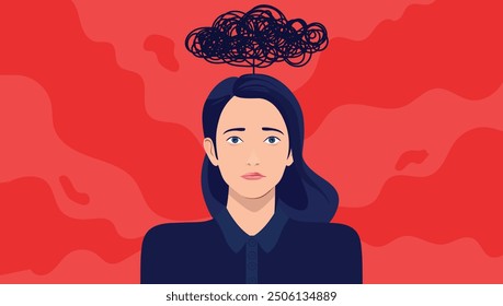 Frau Depression - Weibliche Person mit traurigen Augen und Gesichtsgefühl deprimiert mit dunkler Wolke hängen über dem Kopf. Flaches Design, Vektorgrafik mit rotem Hintergrund