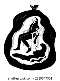 Woman in depression and grief. Feelings of guilt, loneliness, impasse, impotence, despair. Severe mental state. Vector black and white illustration isolated on white background.
