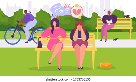 Woman in depression in park sits on bench, is frustrated by unhappiness and problems, design, cartoon style vector illustration. Girl in complete despair in urban parkland outdoors, man rides bicycle.