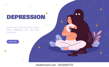 Woman in depression poster. Young girl sitting in lotus position near scary shadow. Sadness and loneliness. Mental and psychological problems. Landing webpage design. Cartoon flat vector illustration